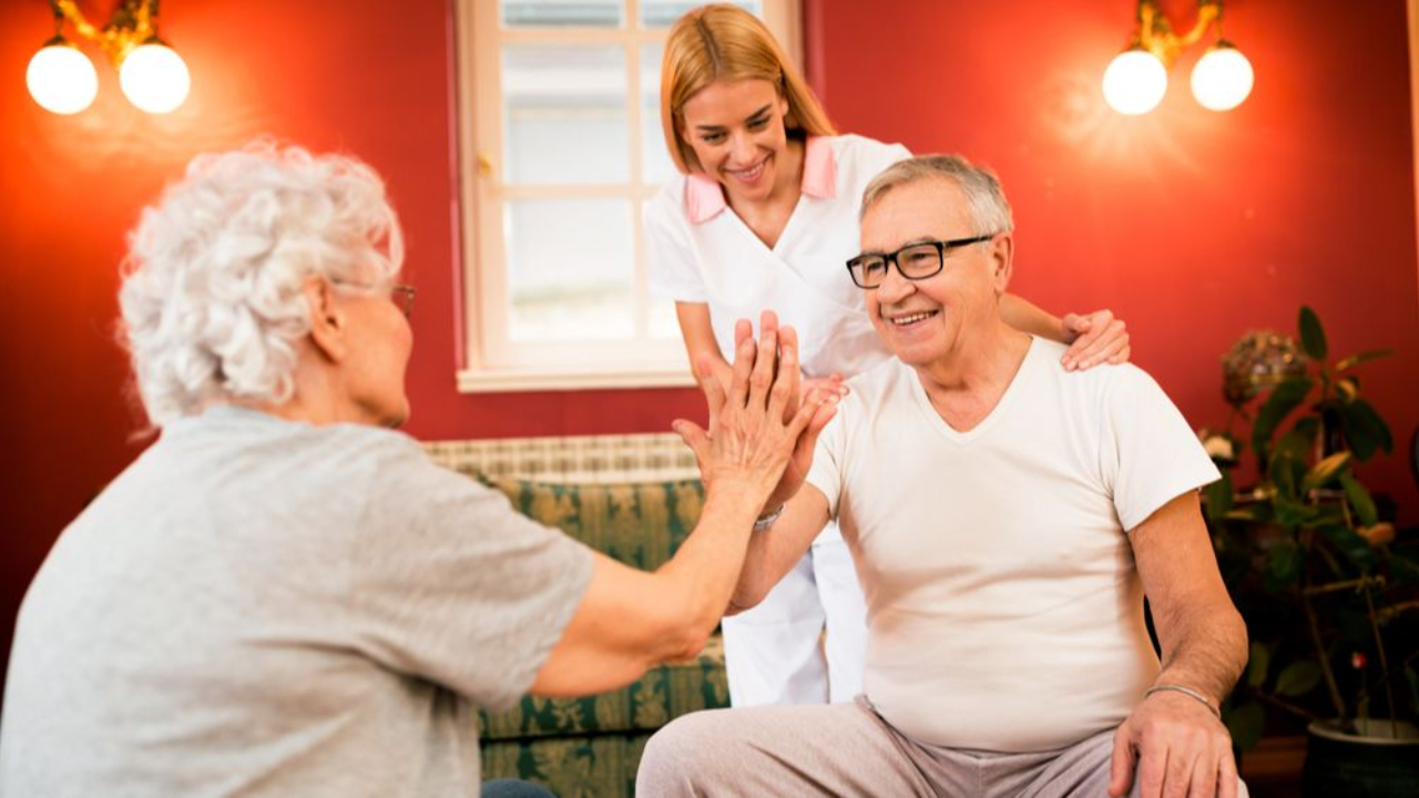 Caregiver interacting calmly with a person living with dementia