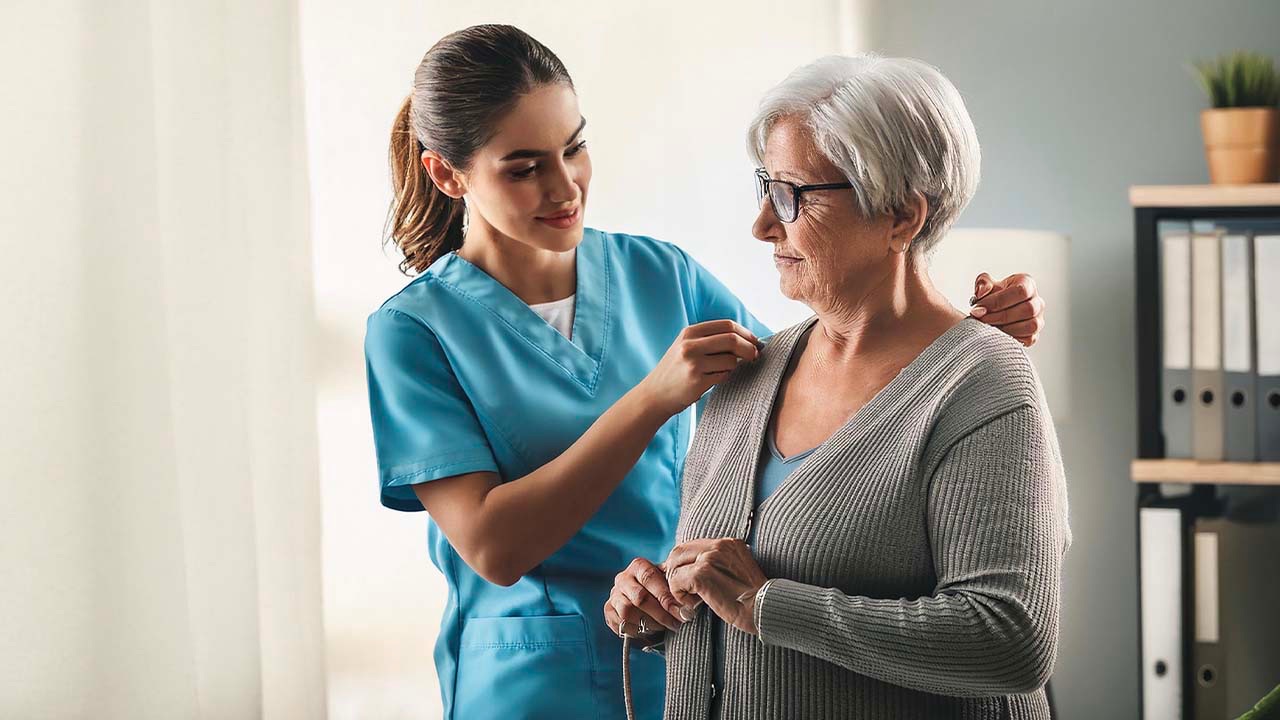 A carer supporting an older person with dressing and grooming