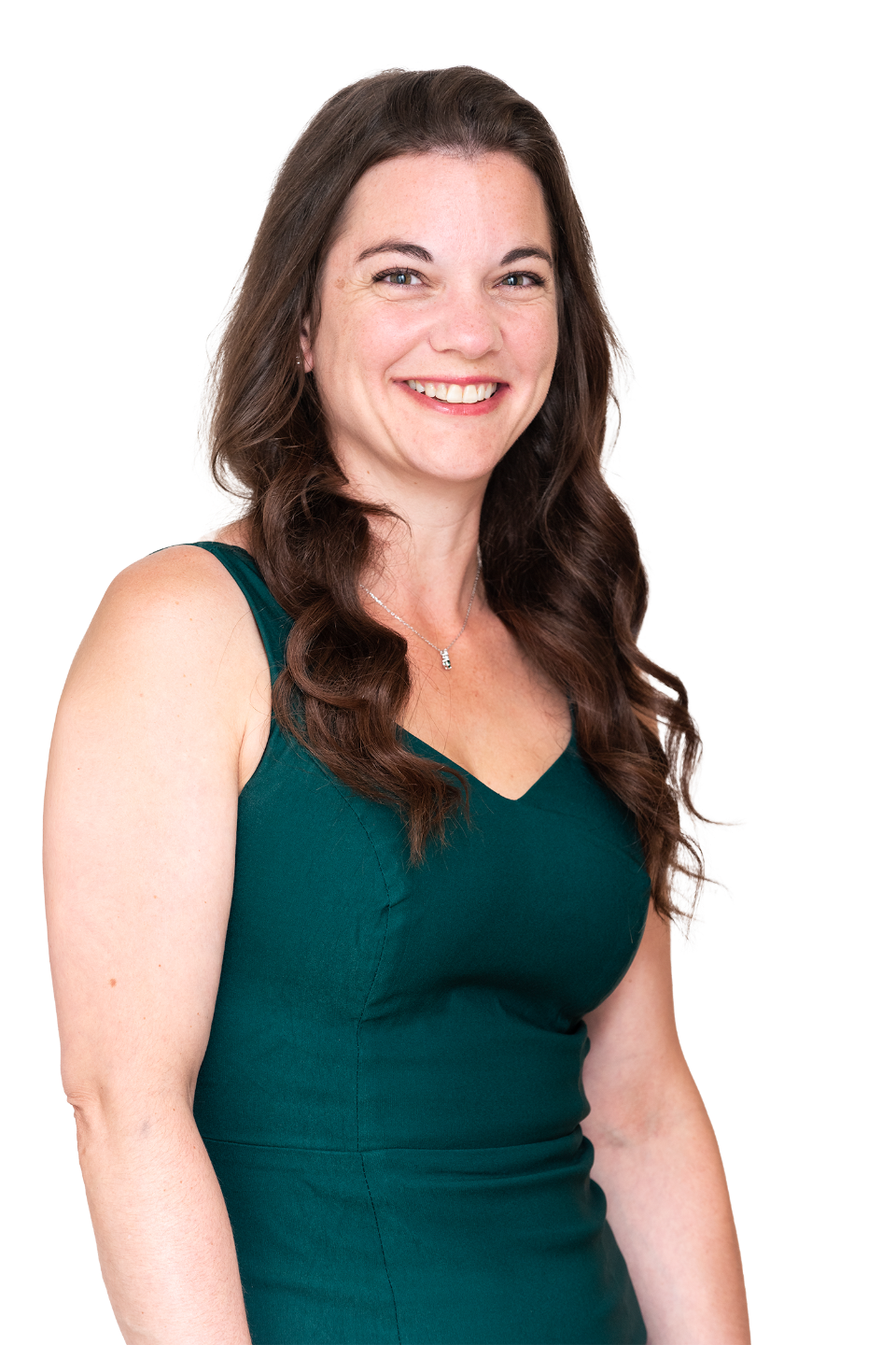 Portrait of Dr Emma Williams smiling wearing a green dress